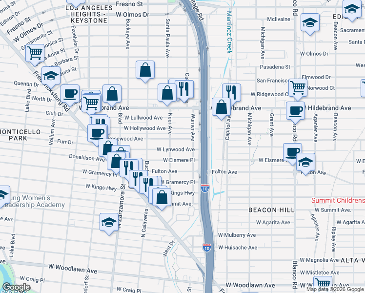 map of restaurants, bars, coffee shops, grocery stores, and more near 1338 West Lynwood Avenue in San Antonio