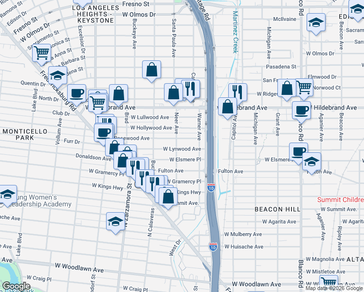 map of restaurants, bars, coffee shops, grocery stores, and more near 1338 West Lynwood Avenue in San Antonio