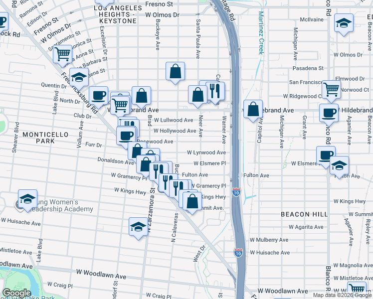 map of restaurants, bars, coffee shops, grocery stores, and more near 1426 West Lynwood Avenue in San Antonio