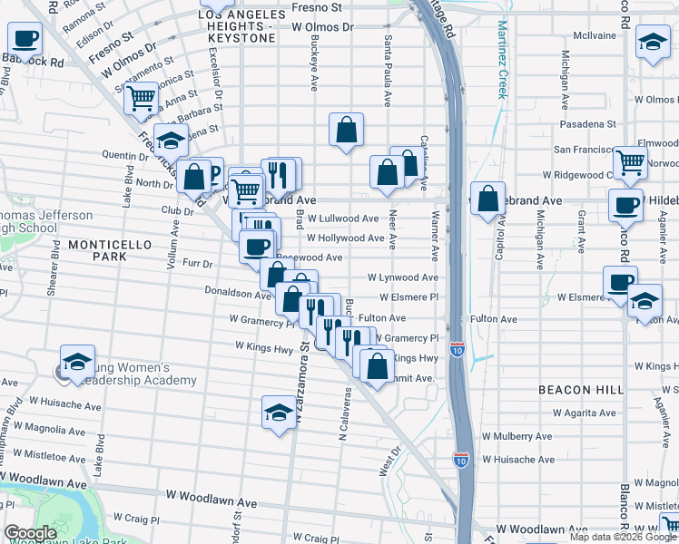 map of restaurants, bars, coffee shops, grocery stores, and more near 1510 West Lynwood Avenue in San Antonio