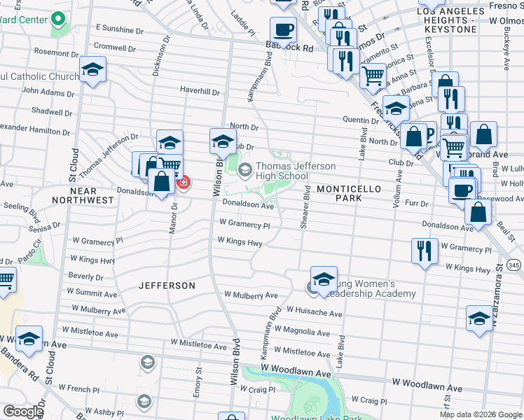 map of restaurants, bars, coffee shops, grocery stores, and more near 2319 West Gramercy Place in San Antonio