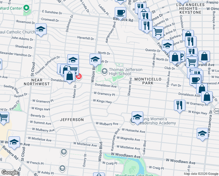 map of restaurants, bars, coffee shops, grocery stores, and more near 2319 West Gramercy Place in San Antonio