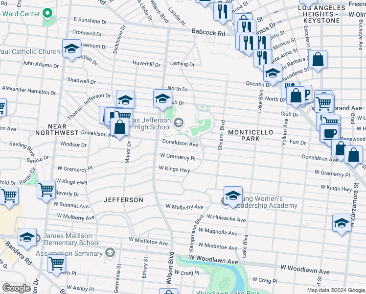 map of restaurants, bars, coffee shops, grocery stores, and more near 2319 West Gramercy Place in San Antonio