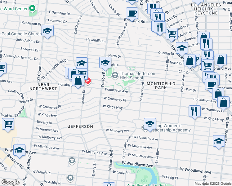 map of restaurants, bars, coffee shops, grocery stores, and more near 2319 West Gramercy Place in San Antonio