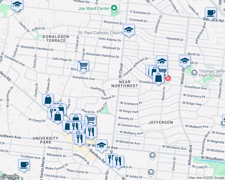 map of restaurants, bars, coffee shops, grocery stores, and more near in San Antonio