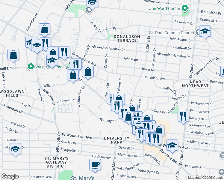 map of restaurants, bars, coffee shops, grocery stores, and more near 415 Palm Drive in San Antonio