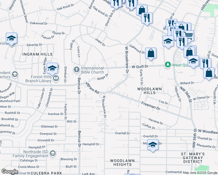 map of restaurants, bars, coffee shops, grocery stores, and more near 397 West Broadview Drive in San Antonio