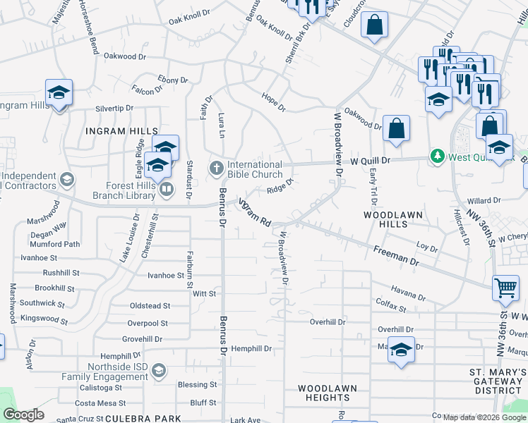 map of restaurants, bars, coffee shops, grocery stores, and more near 4910 Ingram Road in San Antonio