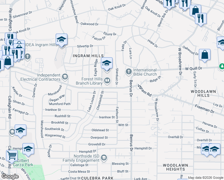 map of restaurants, bars, coffee shops, grocery stores, and more near 5106 Staplehurst Street in San Antonio