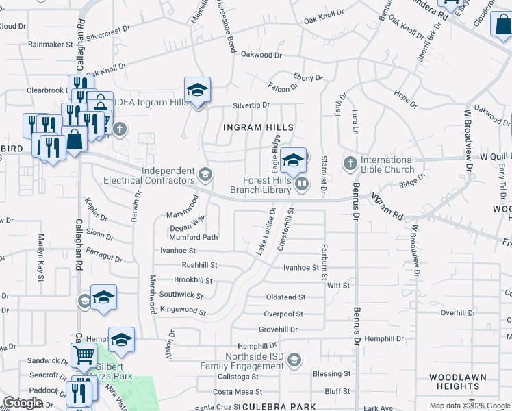 map of restaurants, bars, coffee shops, grocery stores, and more near 5330 Southampton Drive in San Antonio
