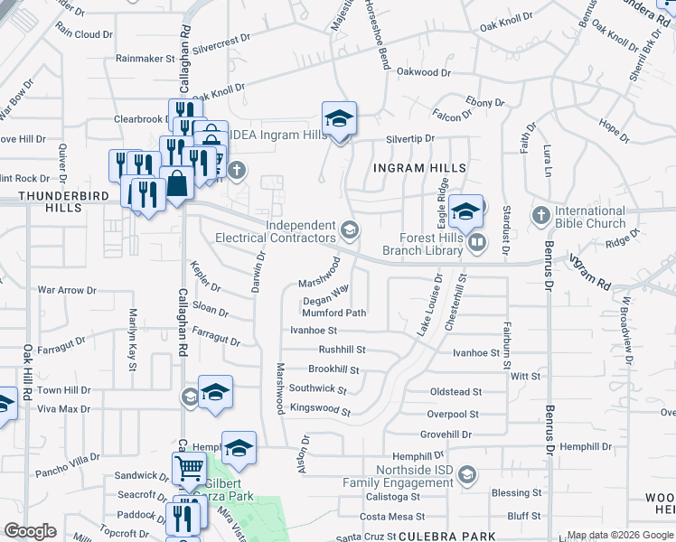 map of restaurants, bars, coffee shops, grocery stores, and more near 5511 Degan Way in San Antonio