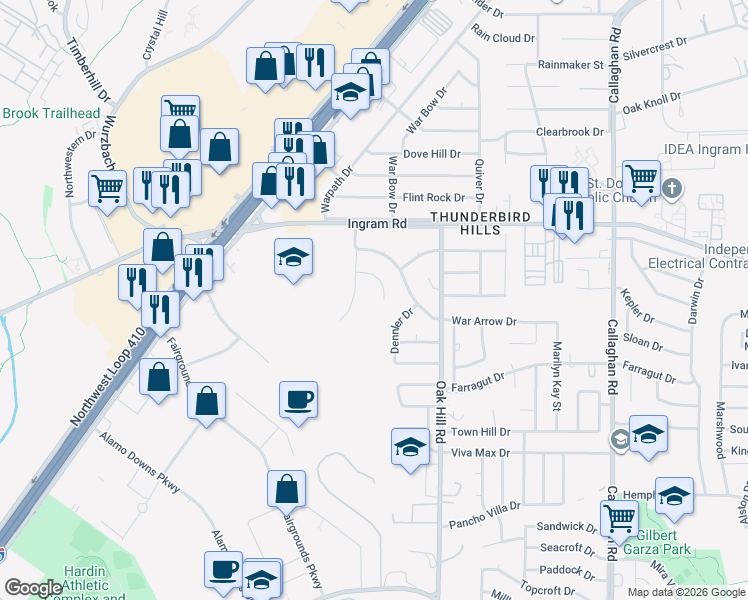 map of restaurants, bars, coffee shops, grocery stores, and more near 2903 War Feather in San Antonio
