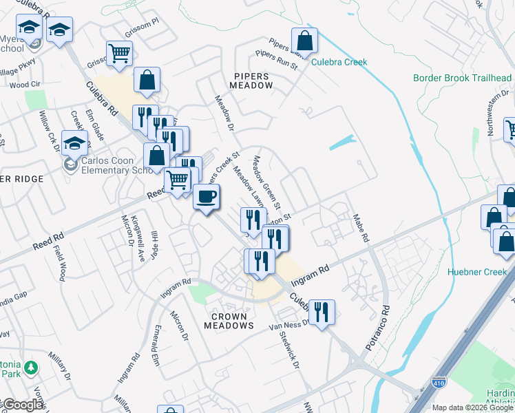 map of restaurants, bars, coffee shops, grocery stores, and more near 7510 Meadow Lawn Street in San Antonio
