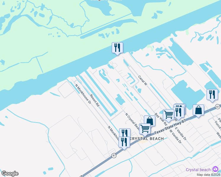 map of restaurants, bars, coffee shops, grocery stores, and more near 1247 North Crystal Beach Road in Bolivar Peninsula