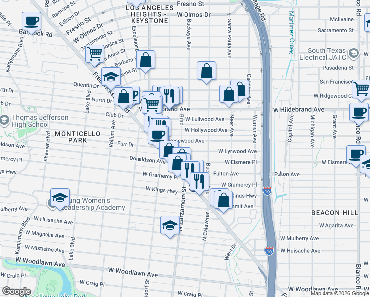map of restaurants, bars, coffee shops, grocery stores, and more near in San Antonio