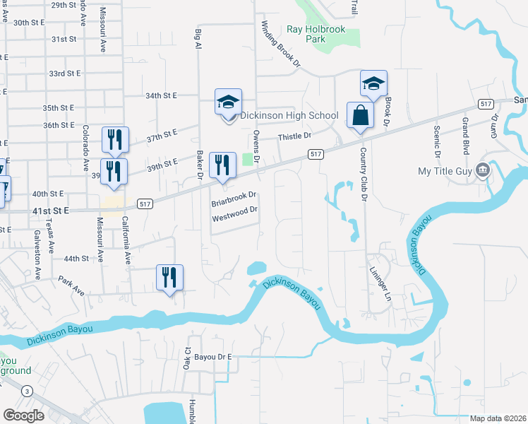map of restaurants, bars, coffee shops, grocery stores, and more near 5019 Cedar Creek Drive in Dickinson