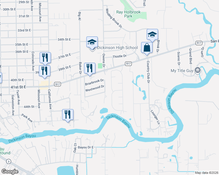map of restaurants, bars, coffee shops, grocery stores, and more near 4218 W Bayou Maison Circle in Dickinson