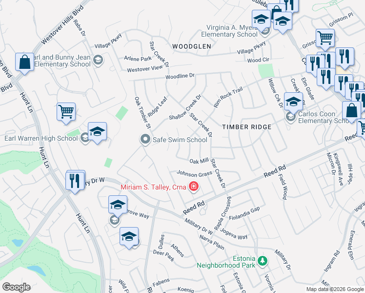 map of restaurants, bars, coffee shops, grocery stores, and more near 8414 Oak Post Street in San Antonio