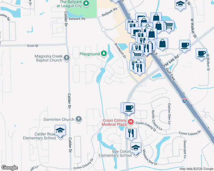 map of restaurants, bars, coffee shops, grocery stores, and more near 231 Silver Mist Circle in Dickinson