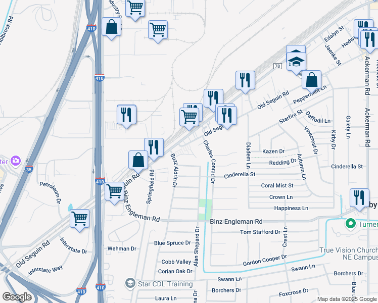 map of restaurants, bars, coffee shops, grocery stores, and more near 4827 Explorer Drive in Kirby