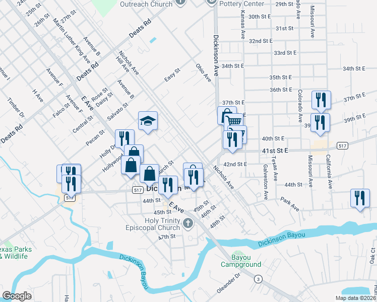 map of restaurants, bars, coffee shops, grocery stores, and more near 4117 Dockrell Street in Dickinson
