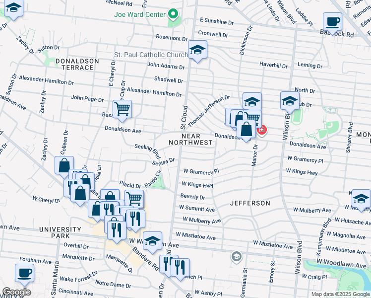 map of restaurants, bars, coffee shops, grocery stores, and more near 343 Senisa Drive in San Antonio