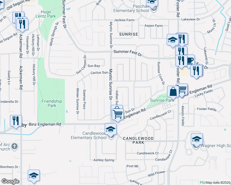 map of restaurants, bars, coffee shops, grocery stores, and more near 4036 Mystic Sunrise Drive in San Antonio