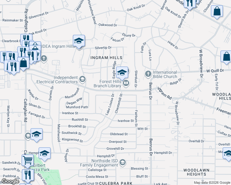 map of restaurants, bars, coffee shops, grocery stores, and more near 2608 Lake Louise Drive in San Antonio