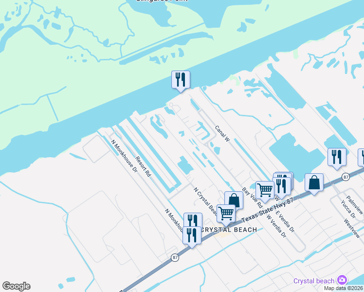 map of restaurants, bars, coffee shops, grocery stores, and more near 1242 North Crystal Beach Road in Bolivar Peninsula