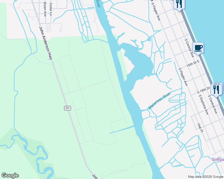 map of restaurants, bars, coffee shops, grocery stores, and more near 1799 John Anderson Highway in Flagler Beach