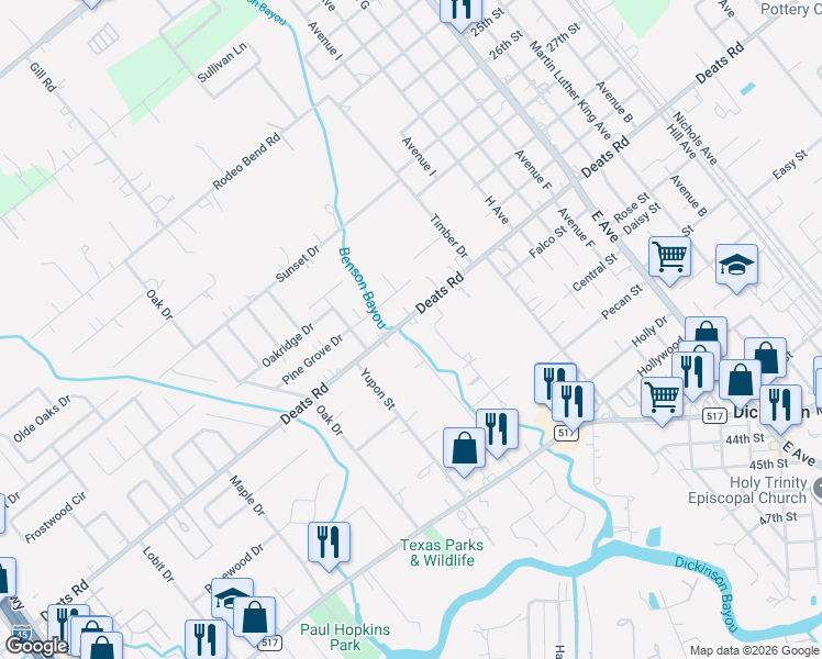 map of restaurants, bars, coffee shops, grocery stores, and more near 1800 Deats Road in Dickinson