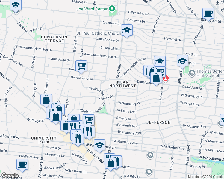 map of restaurants, bars, coffee shops, grocery stores, and more near in San Antonio