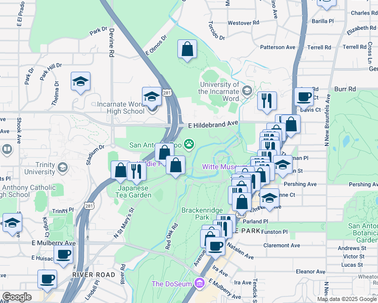 map of restaurants, bars, coffee shops, grocery stores, and more near 3903 North Saint Mary's Street in Olmos Park