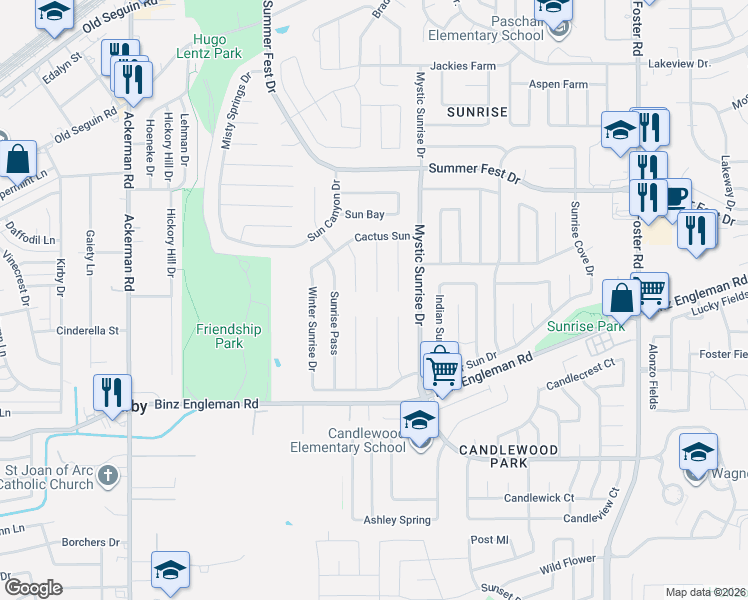 map of restaurants, bars, coffee shops, grocery stores, and more near 4074 Gallery Sun Drive in San Antonio