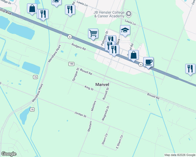 map of restaurants, bars, coffee shops, grocery stores, and more near in Manvel