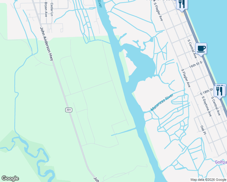 map of restaurants, bars, coffee shops, grocery stores, and more near 1799 John Anderson Highway in Flagler Beach