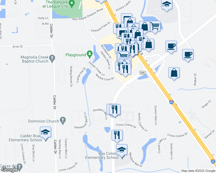 map of restaurants, bars, coffee shops, grocery stores, and more near 2863 Morningmist Lane in Dickinson