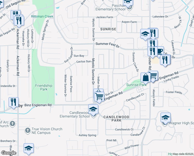 map of restaurants, bars, coffee shops, grocery stores, and more near 4036 Mystic Sunrise Drive in San Antonio