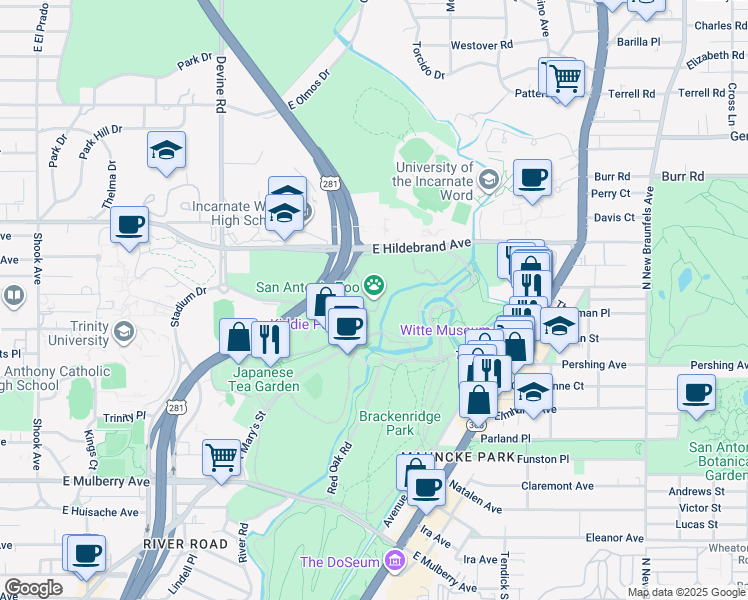 map of restaurants, bars, coffee shops, grocery stores, and more near 3903 North Saint Mary's Street in San Antonio