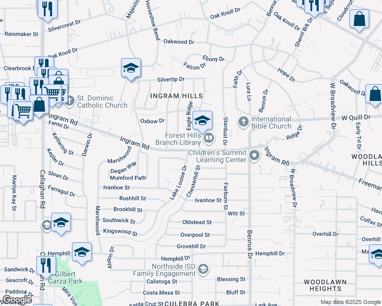 map of restaurants, bars, coffee shops, grocery stores, and more near 2608 Lake Louise Drive in San Antonio