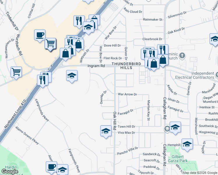 map of restaurants, bars, coffee shops, grocery stores, and more near 2727 Dennler Drive in San Antonio