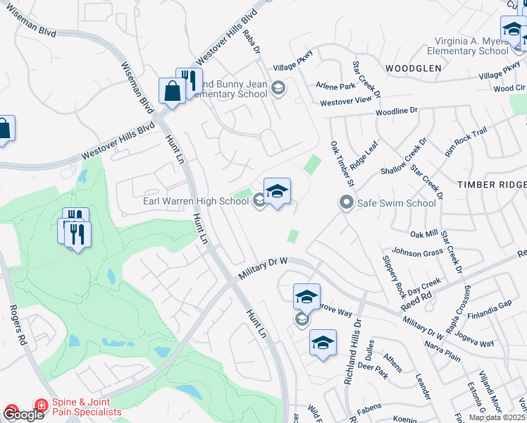 map of restaurants, bars, coffee shops, grocery stores, and more near 9411 Military Drive West in San Antonio