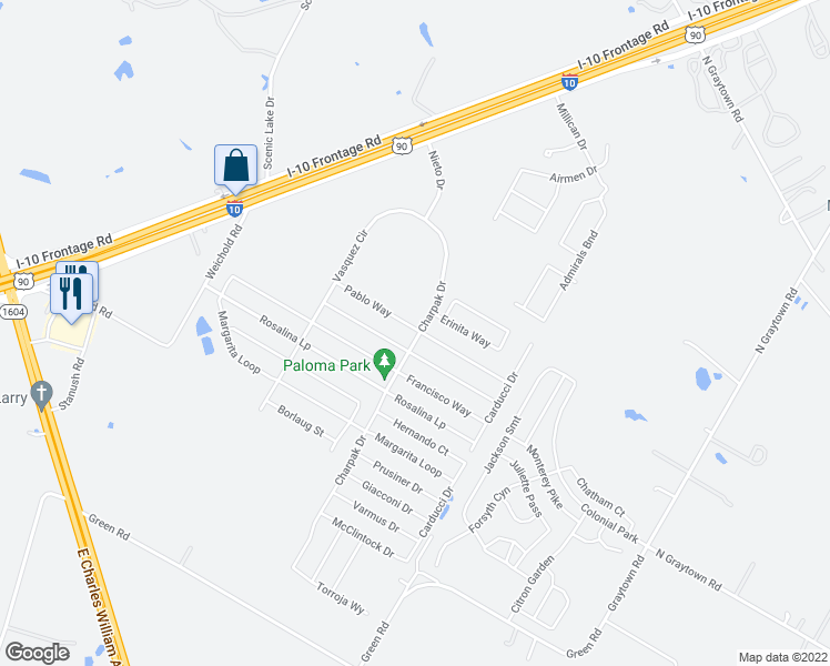 map of restaurants, bars, coffee shops, grocery stores, and more near 10587 Penelope Way in Converse