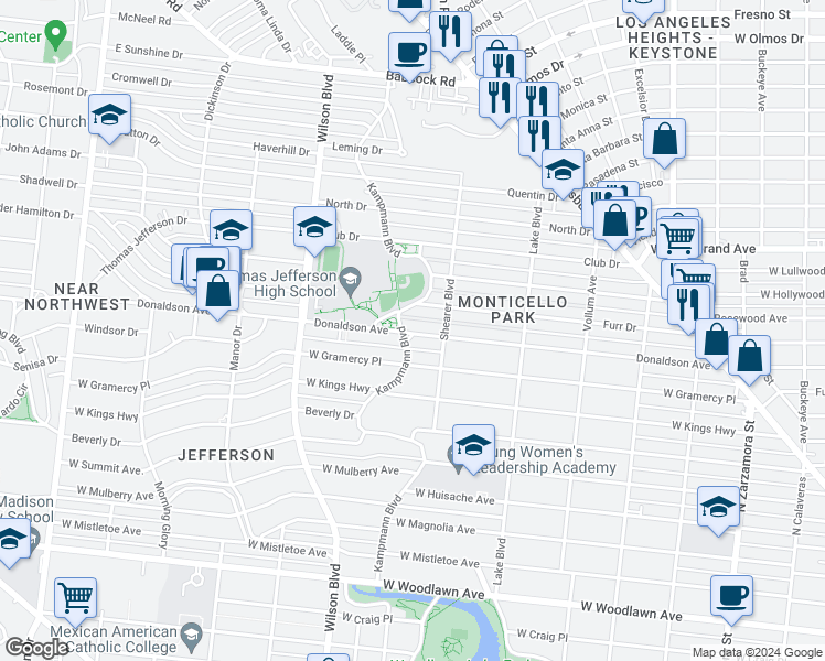 map of restaurants, bars, coffee shops, grocery stores, and more near 627 Donaldson Avenue in San Antonio