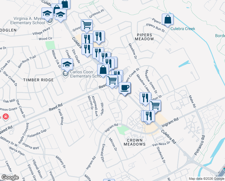 map of restaurants, bars, coffee shops, grocery stores, and more near 7914 Culebra Road in San Antonio