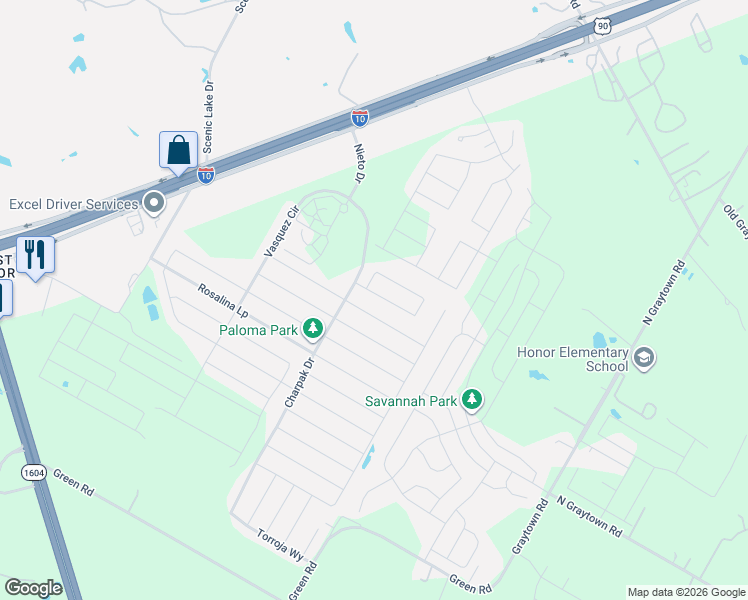 map of restaurants, bars, coffee shops, grocery stores, and more near 10622 Pablo Way in Converse