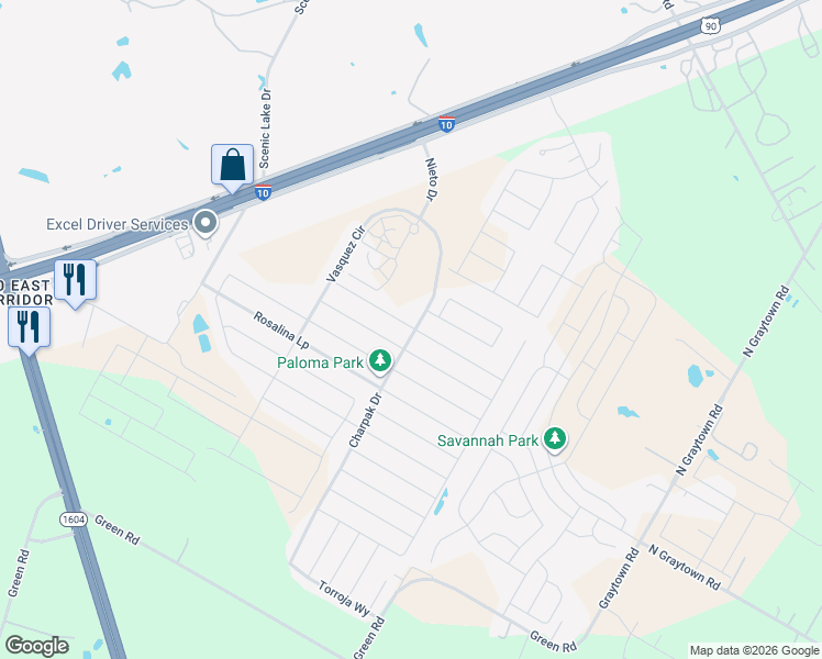 map of restaurants, bars, coffee shops, grocery stores, and more near 10587 Penelope Way in Converse