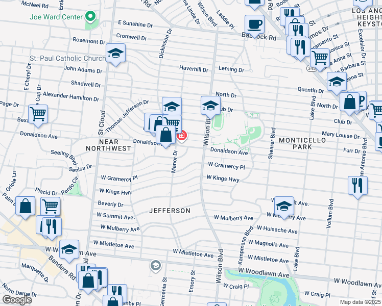 map of restaurants, bars, coffee shops, grocery stores, and more near 2403 West Gramercy Place in San Antonio