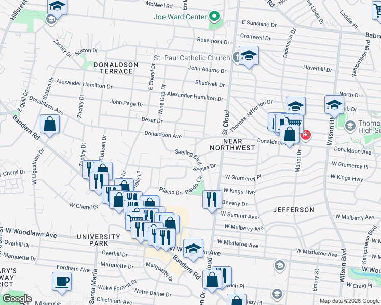 map of restaurants, bars, coffee shops, grocery stores, and more near 212 Seeling Boulevard in San Antonio