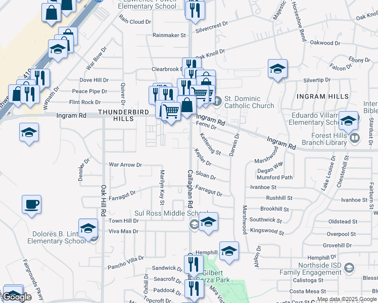 map of restaurants, bars, coffee shops, grocery stores, and more near 4015 Callaghan Road in San Antonio